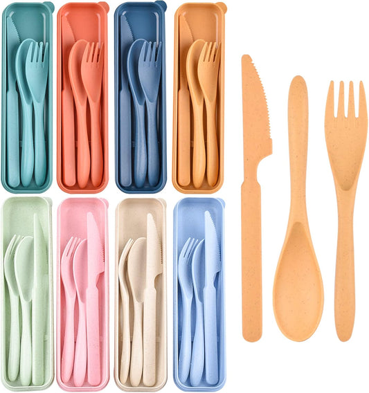 8 Color Travel Utensil Set with Case, Reusable Spoon Knife Forks Box Utensil Set for Lunch for Adult and Elderly, Service for 8