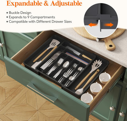Expandable Silverware Organizer, Plastic Utensil Tray for Kitchen Drawer, BPA Free Flatware Cutlery Holder, Space-Saving Storage for Spoons Forks Knives, 8.5-14 x 12 x 1.5 inch, Black