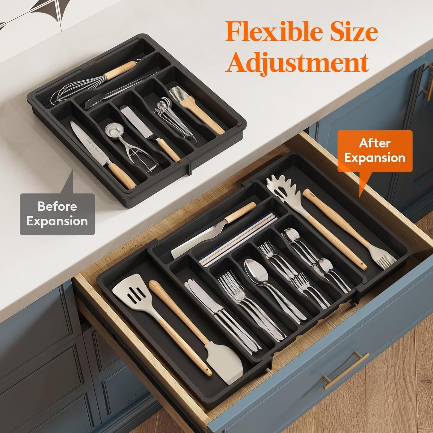 Expandable Silverware Organizer, Plastic Utensil Tray for Kitchen Drawer, BPA Free Flatware Cutlery Holder, Space-Saving Storage for Spoons Forks Knives, 8.5-14 x 12 x 1.5 inch, Black