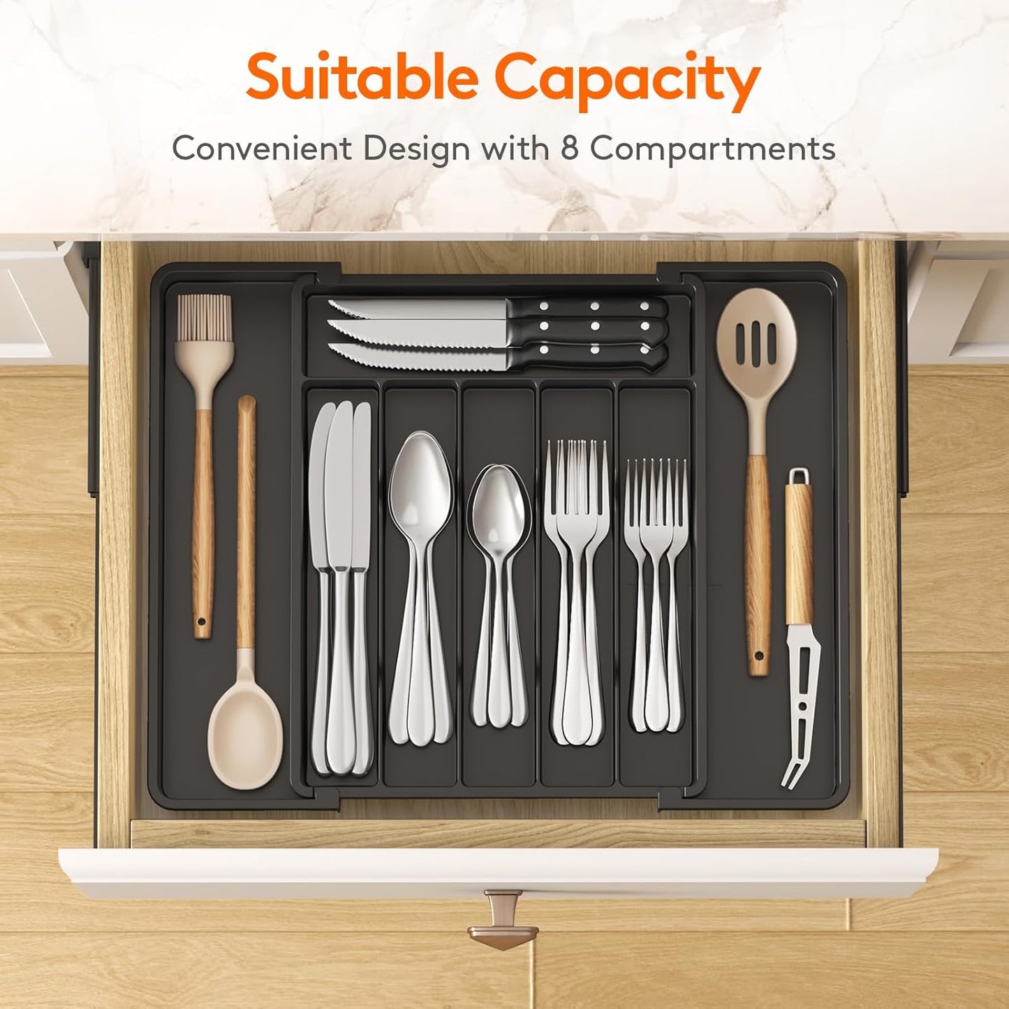 Expandable Silverware Organizer, Plastic Utensil Tray for Kitchen Drawer, BPA Free Flatware Cutlery Holder, Space-Saving Storage for Spoons Forks Knives, 8.5-14 x 12 x 1.5 inch, Black
