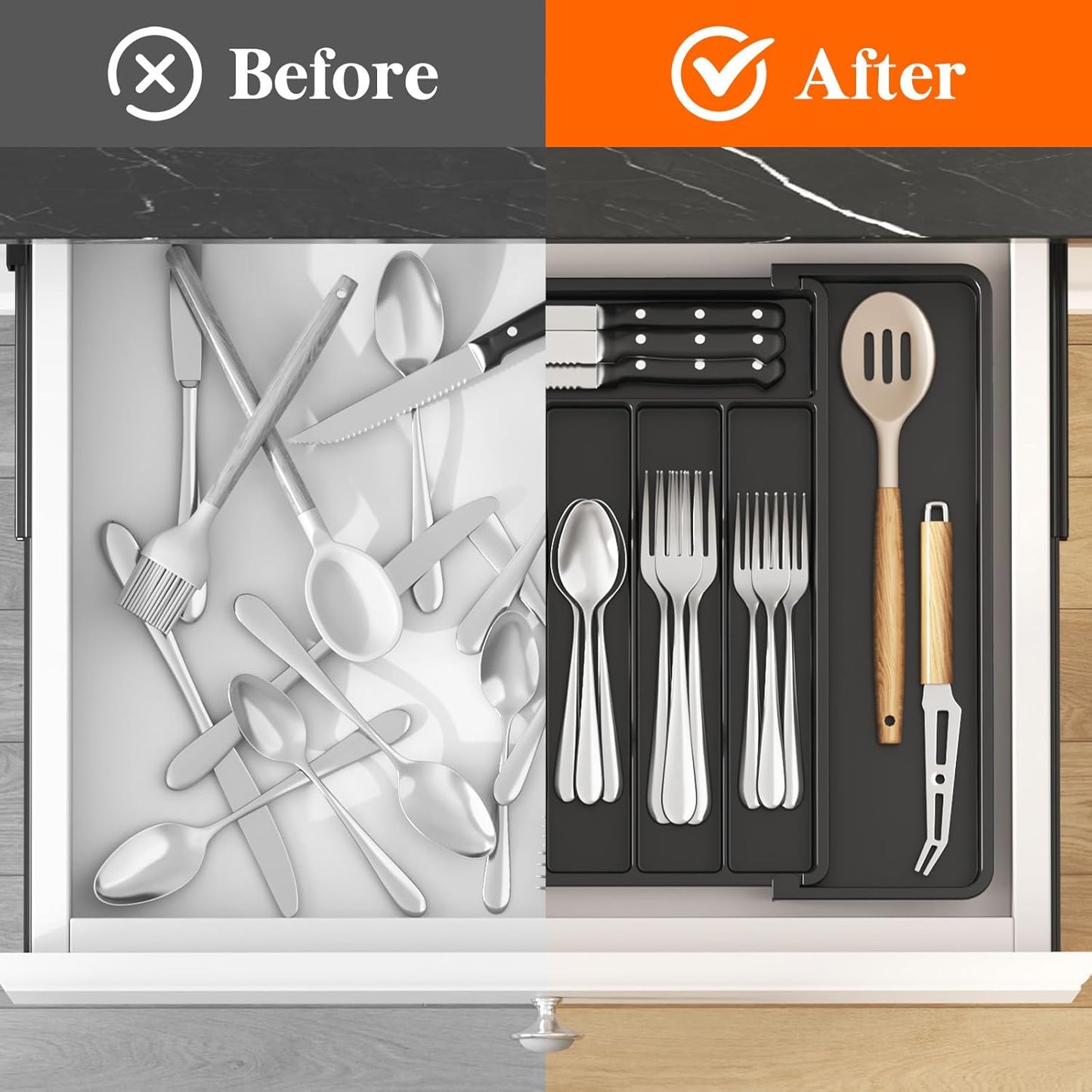 Expandable Silverware Organizer, Plastic Utensil Tray for Kitchen Drawer, BPA Free Flatware Cutlery Holder, Space-Saving Storage for Spoons Forks Knives, 8.5-14 x 12 x 1.5 inch, Black