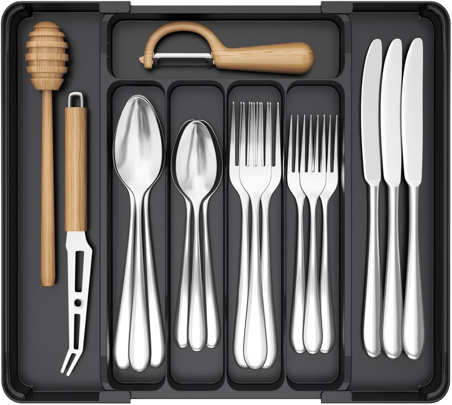 Expandable Silverware Organizer, Plastic Utensil Tray for Kitchen Drawer, BPA Free Flatware Cutlery Holder, Space-Saving Storage for Spoons Forks Knives, 8.5-14 x 12 x 1.5 inch, Black