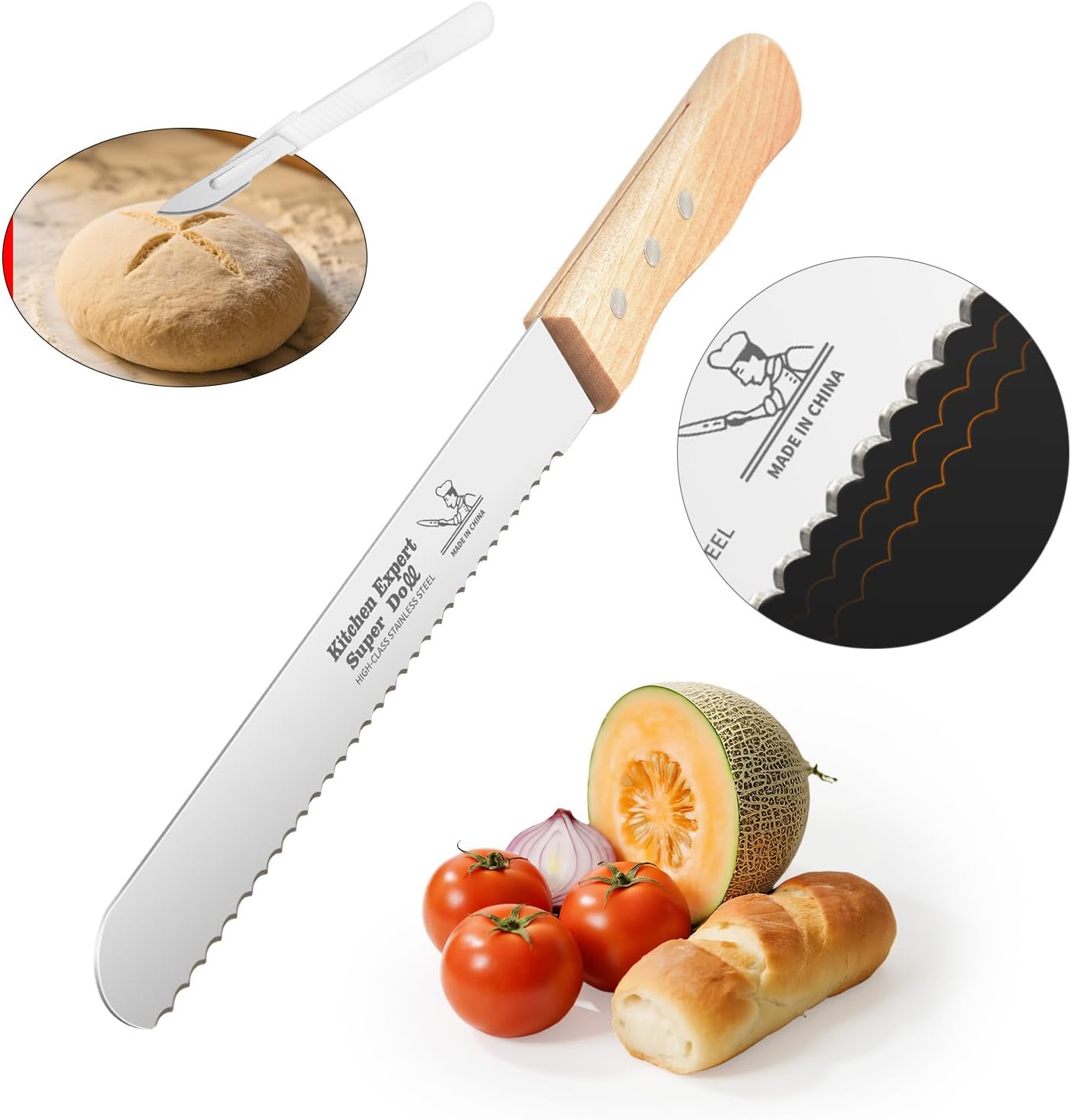 Wavy Edge Serrated Bread Knife 8 Inch, Cuts Perfect Homemade Bread, Bagels, Cakes - Ultra Sharp Stainless Steel Blade with Comfort Grip Wood Handle, Scoring Cutter Includedr