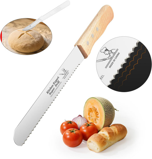 Wavy Edge Serrated Bread Knife 8 Inch, Cuts Perfect Homemade Bread, Bagels, Cakes - Ultra Sharp Stainless Steel Blade with Comfort Grip Wood Handle, Scoring Cutter Includedr