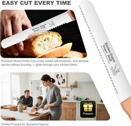 Wavy Edge Serrated Bread Knife 8 Inch, Cuts Perfect Homemade Bread, Bagels, Cakes - Ultra Sharp Stainless Steel Blade with Comfort Grip Wood Handle, Scoring Cutter Includedr