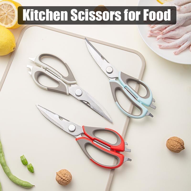 2 Pcs Heavy Duty Kitchen Shears for Food, Come Apart Design, Kitchen Scissors with Magnetic Holder, Stainless Steel Multi-function Food Cooking Magnetic Scissors for Fridge (White and Blue)