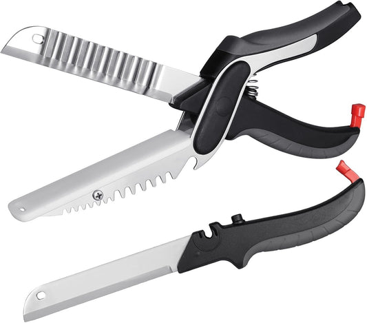 2-in-1 Kitchen Scissors with Replaceable Straight & Wavy Blades, Multi-Functional Kitchen Shears with Integrated Cutting Board, Safety Lock & Dishwasher Safe for Food, cheese, Salad, Fruit