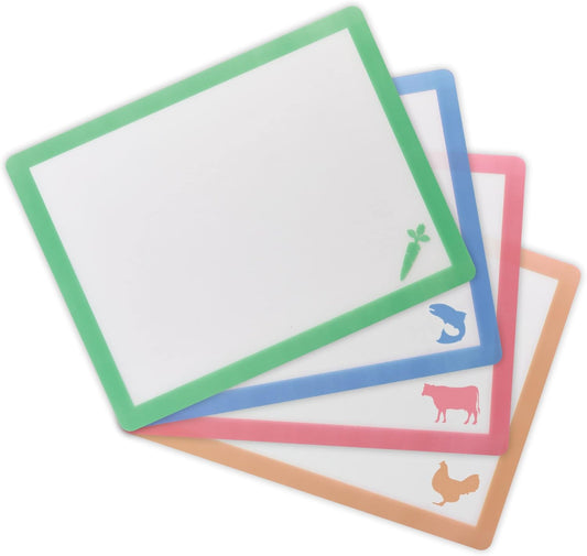 Kitchen Flexible Cutting Board Mat Set, Color-Coded with Icons, Food-Grade Nonporous BPA-Free Plastic, Set of 4