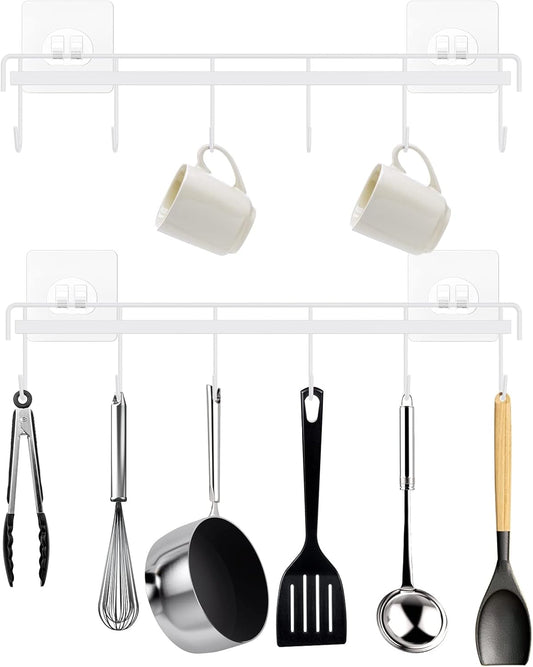 Kitchen Utensil Hanger, Adhesive Utensil Holder, White, 2 Pcs | Waterproof and Rustproof, Polished Finish, No Drilling, 12 Hooks, Fits for Cups, Spoons, Spatulas, Ladles, Oven Mitts, Pots