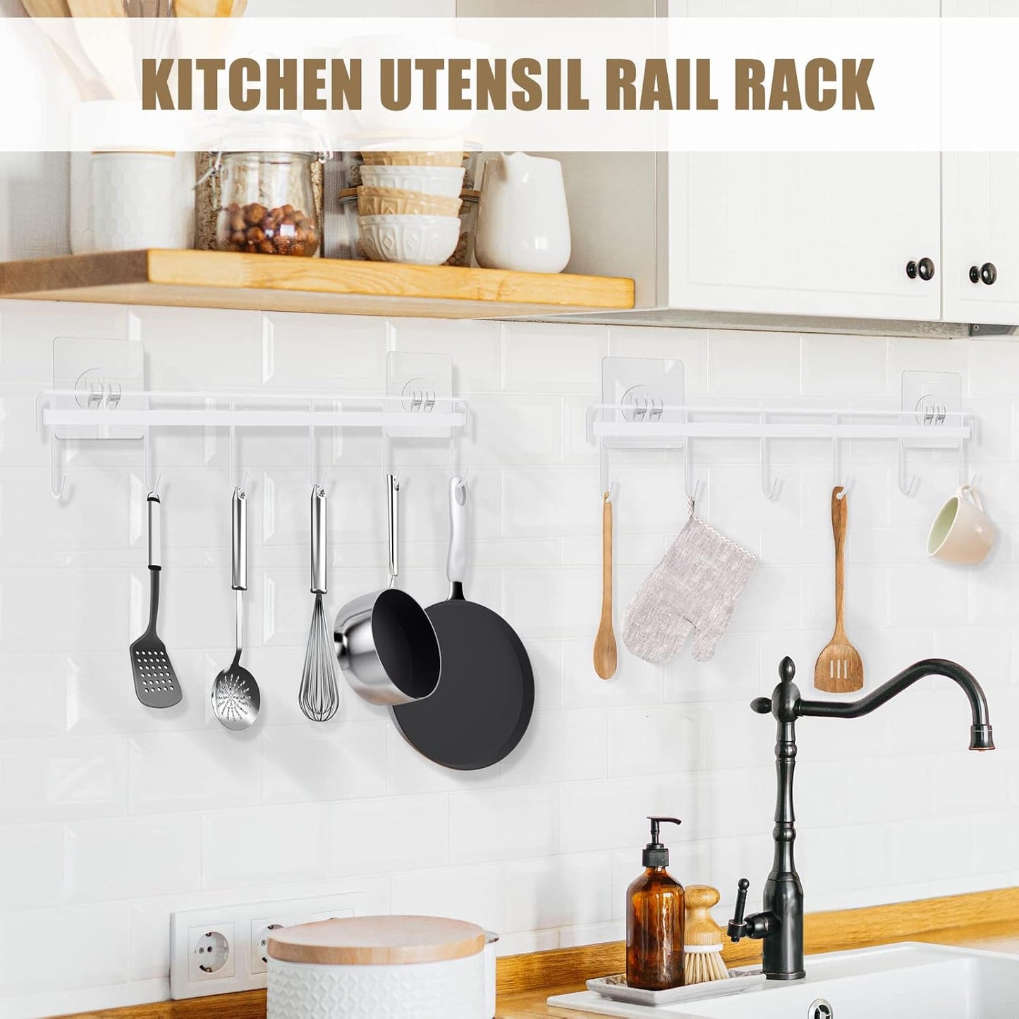 Kitchen Utensil Hanger, Adhesive Utensil Holder, White, 2 Pcs | Waterproof and Rustproof, Polished Finish, No Drilling, 12 Hooks, Fits for Cups, Spoons, Spatulas, Ladles, Oven Mitts, Pots