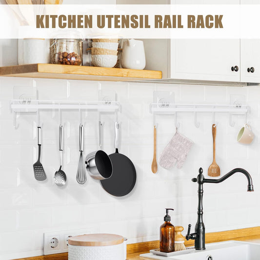 Kitchen Utensil Hanger, Adhesive Utensil Holder, White, 2 Pcs | Waterproof and Rustproof, Polished Finish, No Drilling, 12 Hooks, Fits for Cups, Spoons, Spatulas, Ladles, Oven Mitts, Pots
