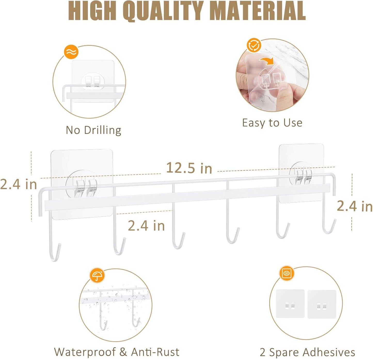 Kitchen Utensil Hanger, Adhesive Utensil Holder, White, 2 Pcs | Waterproof and Rustproof, Polished Finish, No Drilling, 12 Hooks, Fits for Cups, Spoons, Spatulas, Ladles, Oven Mitts, Pots