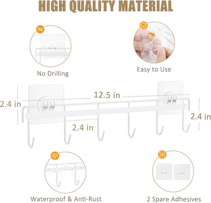 Kitchen Utensil Hanger, Adhesive Utensil Holder, White, 2 Pcs | Waterproof and Rustproof, Polished Finish, No Drilling, 12 Hooks, Fits for Cups, Spoons, Spatulas, Ladles, Oven Mitts, Pots