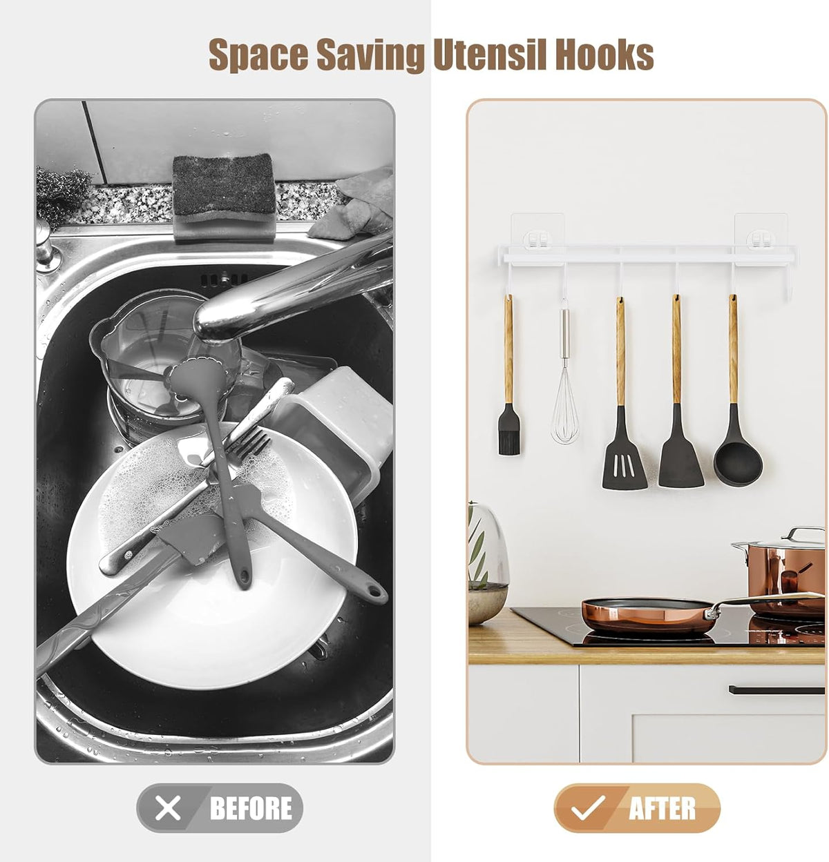 Kitchen Utensil Hanger, Adhesive Utensil Holder, White, 2 Pcs | Waterproof and Rustproof, Polished Finish, No Drilling, 12 Hooks, Fits for Cups, Spoons, Spatulas, Ladles, Oven Mitts, Pots