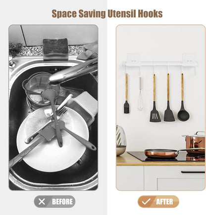 Kitchen Utensil Hanger, Adhesive Utensil Holder, White, 2 Pcs | Waterproof and Rustproof, Polished Finish, No Drilling, 12 Hooks, Fits for Cups, Spoons, Spatulas, Ladles, Oven Mitts, Pots