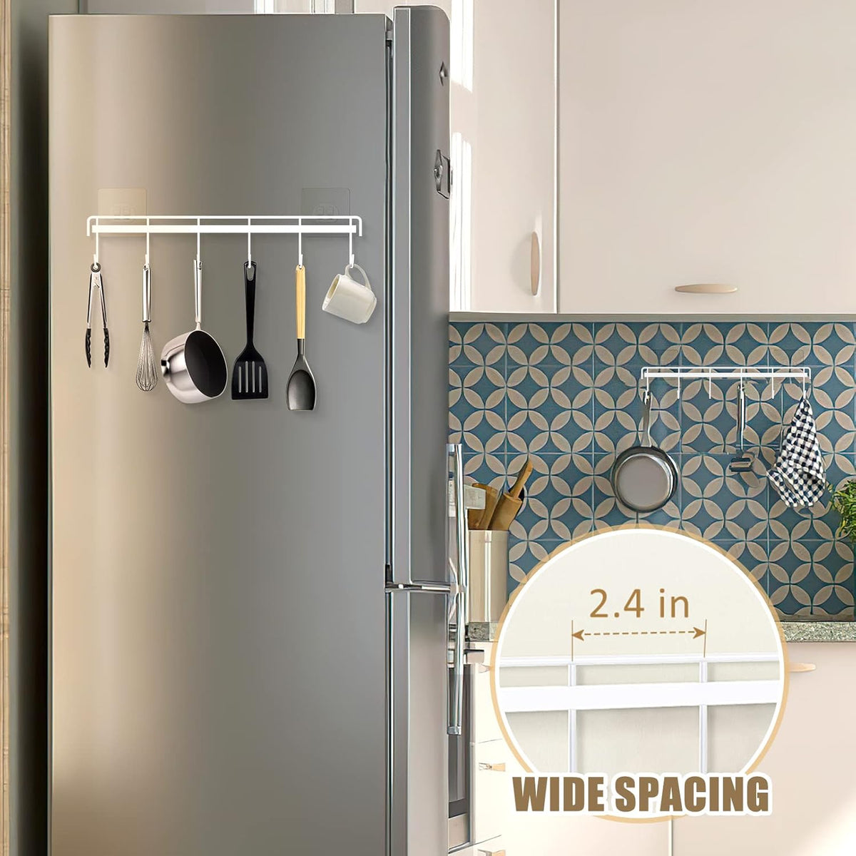 Kitchen Utensil Hanger, Adhesive Utensil Holder, White, 2 Pcs | Waterproof and Rustproof, Polished Finish, No Drilling, 12 Hooks, Fits for Cups, Spoons, Spatulas, Ladles, Oven Mitts, Pots