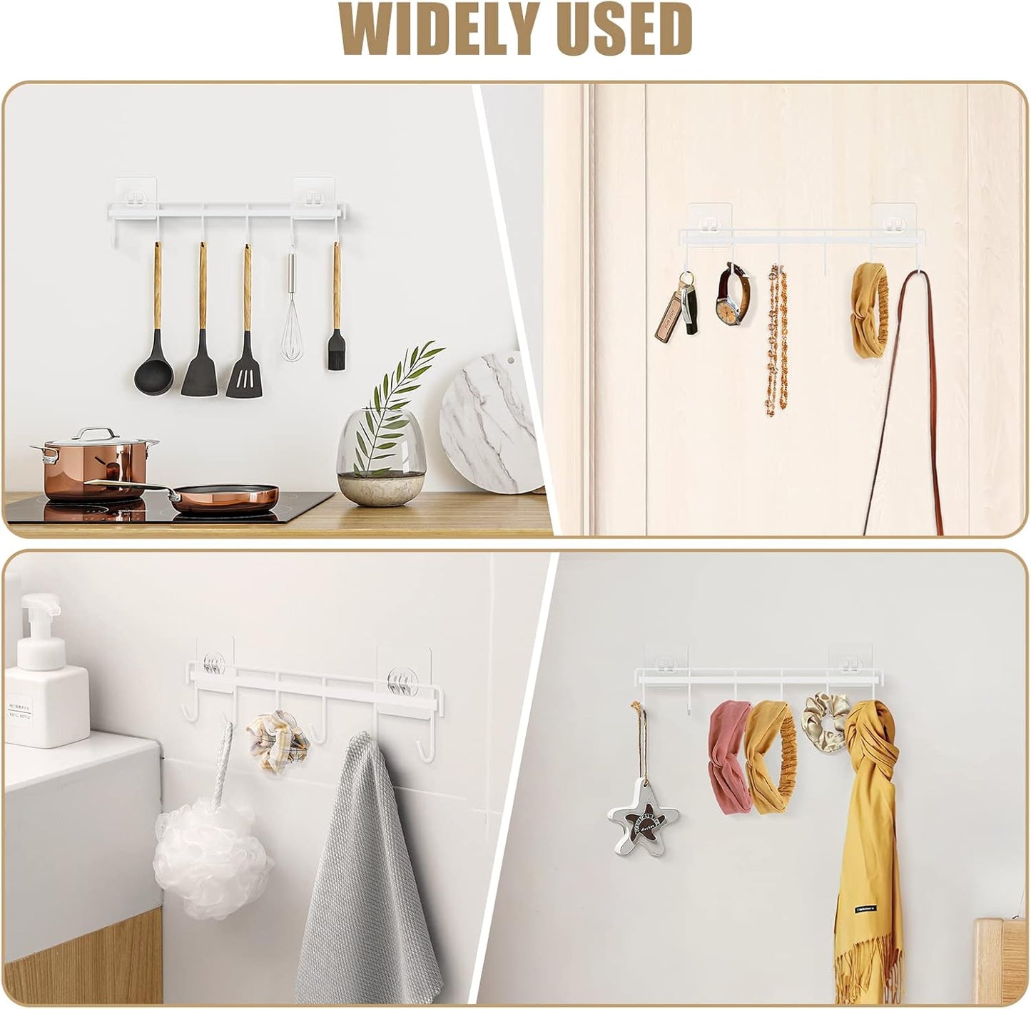Kitchen Utensil Hanger, Adhesive Utensil Holder, White, 2 Pcs | Waterproof and Rustproof, Polished Finish, No Drilling, 12 Hooks, Fits for Cups, Spoons, Spatulas, Ladles, Oven Mitts, Pots