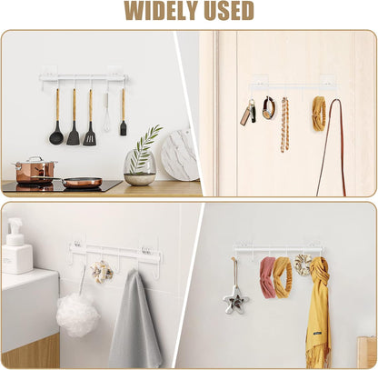Kitchen Utensil Hanger, Adhesive Utensil Holder, White, 2 Pcs | Waterproof and Rustproof, Polished Finish, No Drilling, 12 Hooks, Fits for Cups, Spoons, Spatulas, Ladles, Oven Mitts, Pots