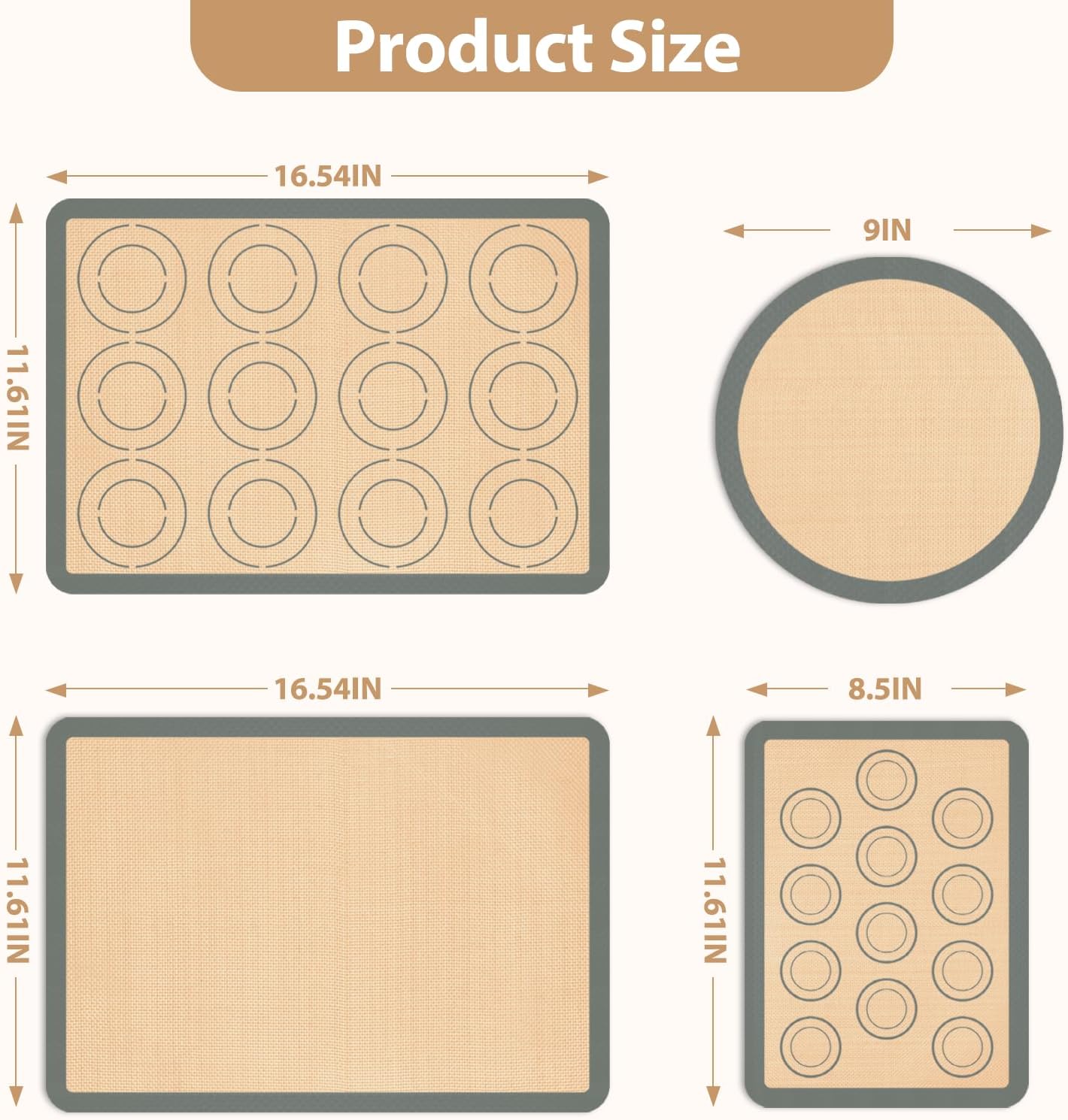 Silicone Baking Mat Set, Nonstick Reusable Liners, 2 Half & 1 Quarter Sheet for Cookies, Bread, Pastry, Dough Prep and Oven Baking