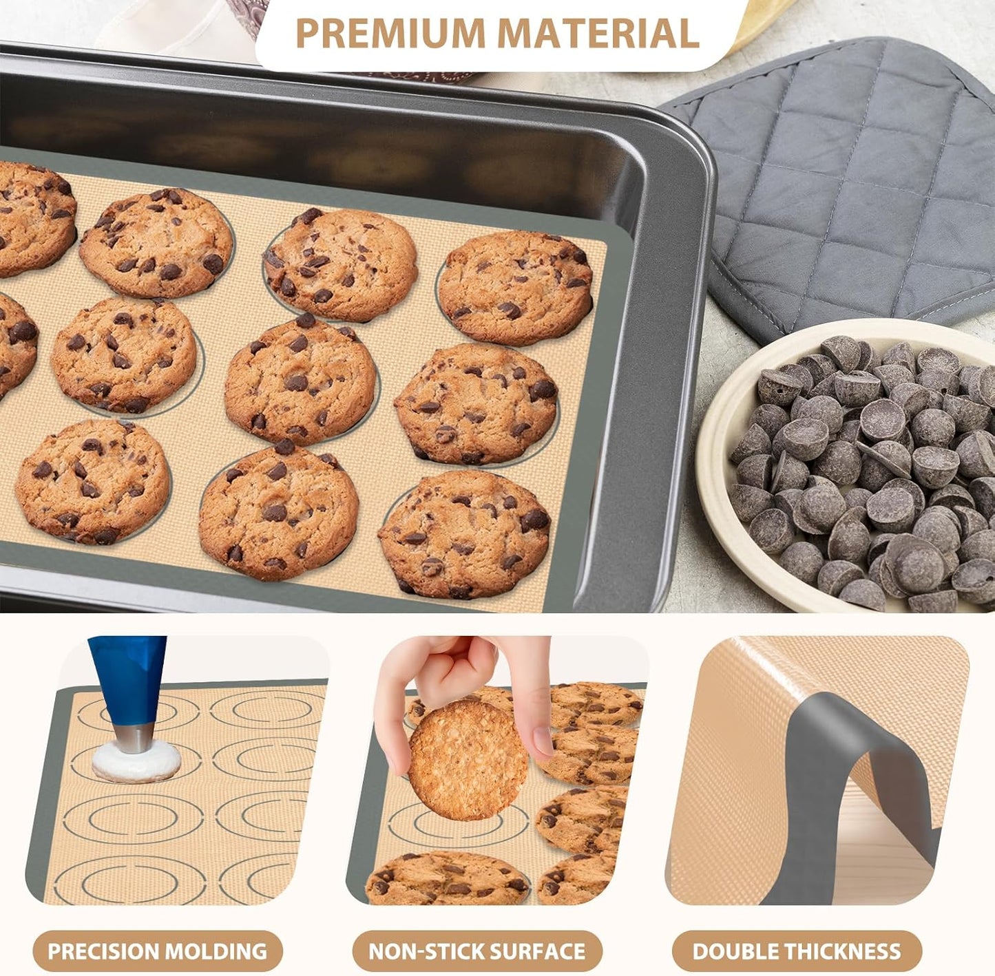 Silicone Baking Mat Set, Nonstick Reusable Liners, 2 Half & 1 Quarter Sheet for Cookies, Bread, Pastry, Dough Prep and Oven Baking