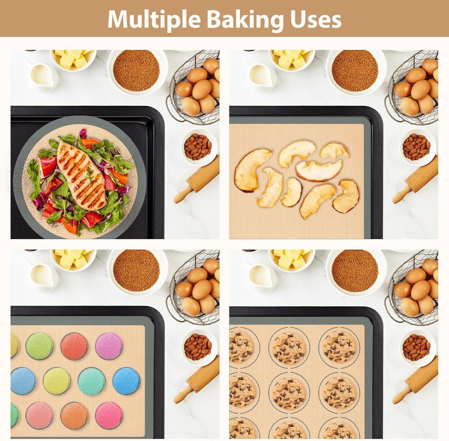 Silicone Baking Mat Set, Nonstick Reusable Liners, 2 Half & 1 Quarter Sheet for Cookies, Bread, Pastry, Dough Prep and Oven Baking