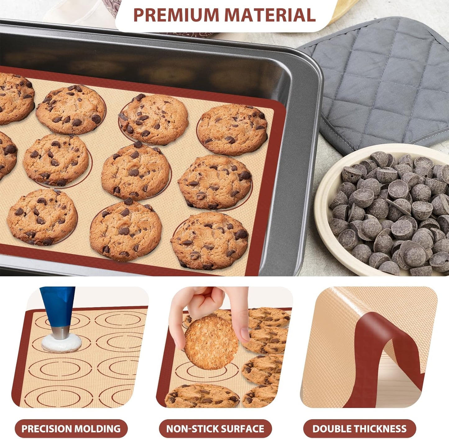 Silicone Baking Mat Set, Nonstick Reusable Liners, 2 Half & 1 Quarter Sheet for Cookies, Bread, Pastry, Dough Prep and Oven Baking
