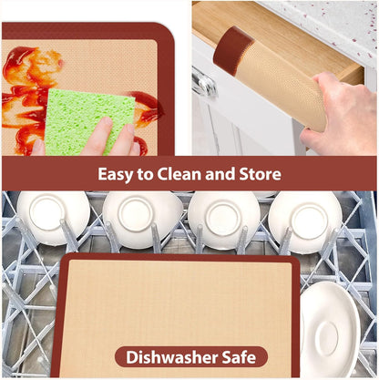Silicone Baking Mat Set, Nonstick Reusable Liners, 2 Half & 1 Quarter Sheet for Cookies, Bread, Pastry, Dough Prep and Oven Baking