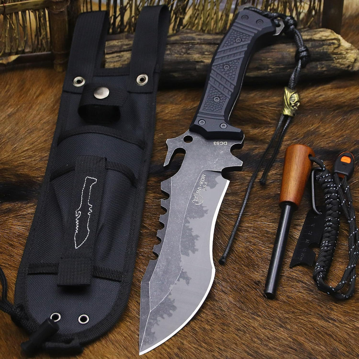 U.S.A 8mm thick DC53 steel 38.5CM (15.4in) (full tang) fixed knife+Nylon sheath&(5.9in) cerium igniter, suitable for outdoor hunting, camping, Jungle Survival, exploration, EDC tool knife