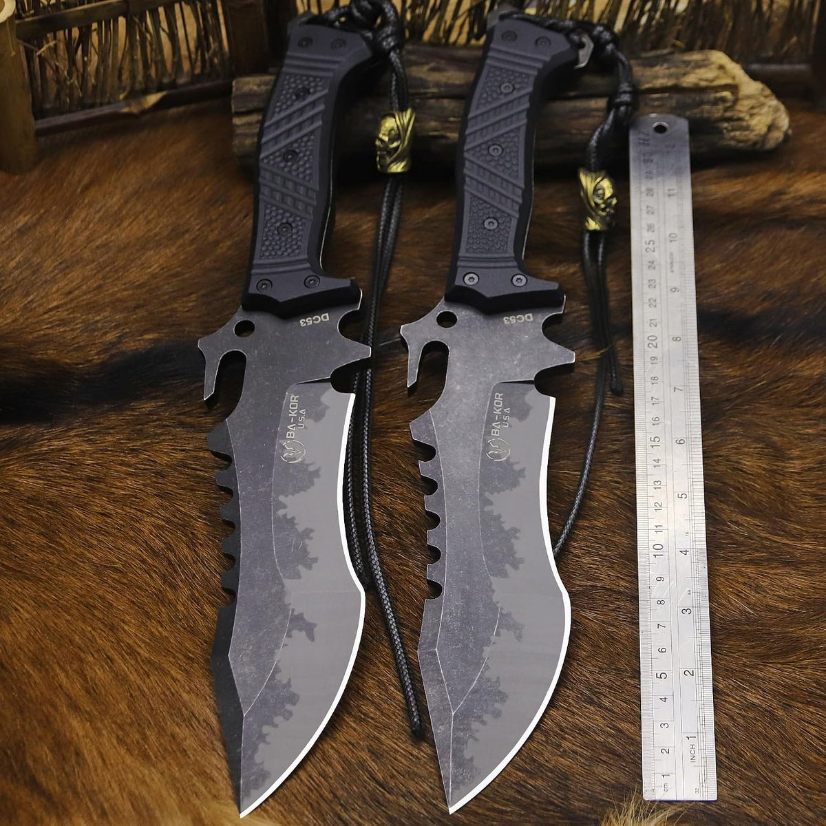 U.S.A 8mm thick DC53 steel 38.5CM (15.4in) (full tang) fixed knife+Nylon sheath&(5.9in) cerium igniter, suitable for outdoor hunting, camping, Jungle Survival, exploration, EDC tool knife