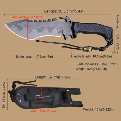 U.S.A 8mm thick DC53 steel 38.5CM (15.4in) (full tang) fixed knife+Nylon sheath&(5.9in) cerium igniter, suitable for outdoor hunting, camping, Jungle Survival, exploration, EDC tool knife