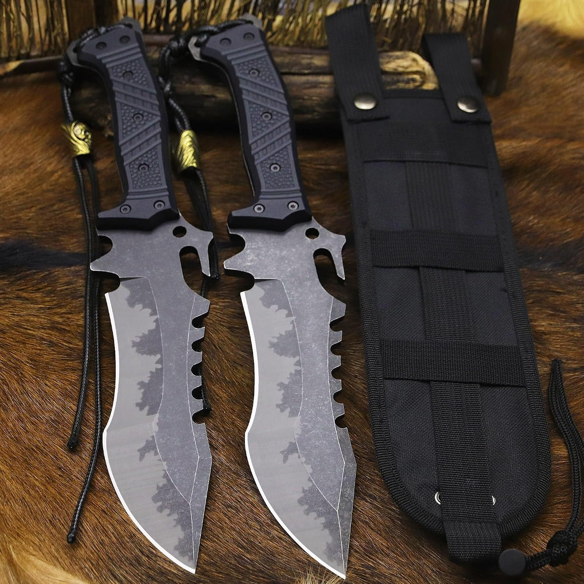 U.S.A 8mm thick DC53 steel 38.5CM (15.4in) (full tang) fixed knife+Nylon sheath&(5.9in) cerium igniter, suitable for outdoor hunting, camping, Jungle Survival, exploration, EDC tool knife