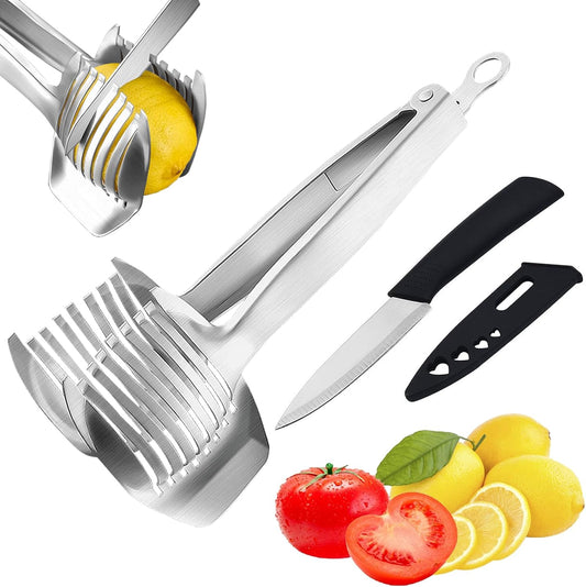 Tomato Slicer Holder with Paring Knife Set, Stainless Steel Lemon Slicer Cutter for Slicing, Onion Holder for Slicing, Vegetable Cutter for Tomato, Lemon