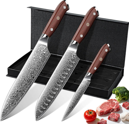 Damascus Knife Set - 3 PCS Kitchen Knife Set | Chef Knives 8 Inch, Santoku 7 Inch , Paring Knives 5 Inch, VG10 Steel Blade, Ergonomic Wooden Handle, Gift Box
