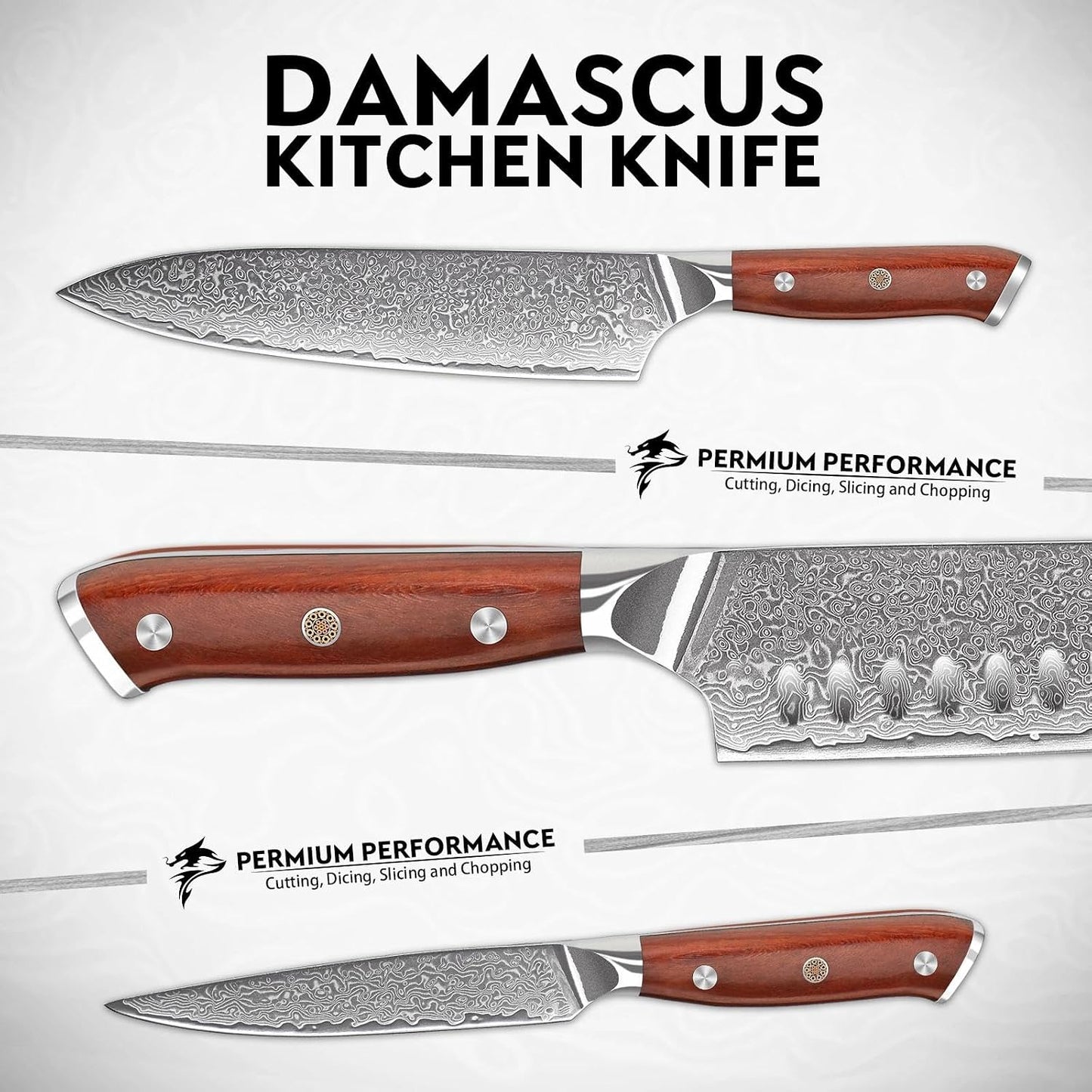 Damascus Knife Set - 3 PCS Kitchen Knife Set | Chef Knives 8 Inch, Santoku 7 Inch , Paring Knives 5 Inch, VG10 Steel Blade, Ergonomic Wooden Handle, Gift Box