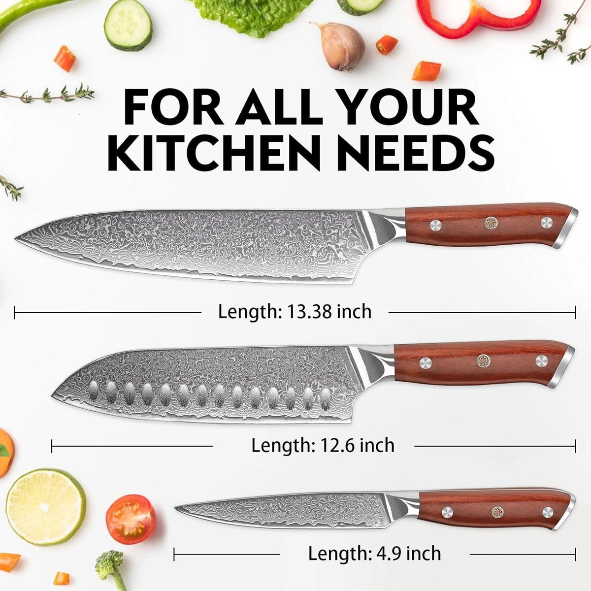 Damascus Knife Set - 3 PCS Kitchen Knife Set | Chef Knives 8 Inch, Santoku 7 Inch , Paring Knives 5 Inch, VG10 Steel Blade, Ergonomic Wooden Handle, Gift Box
