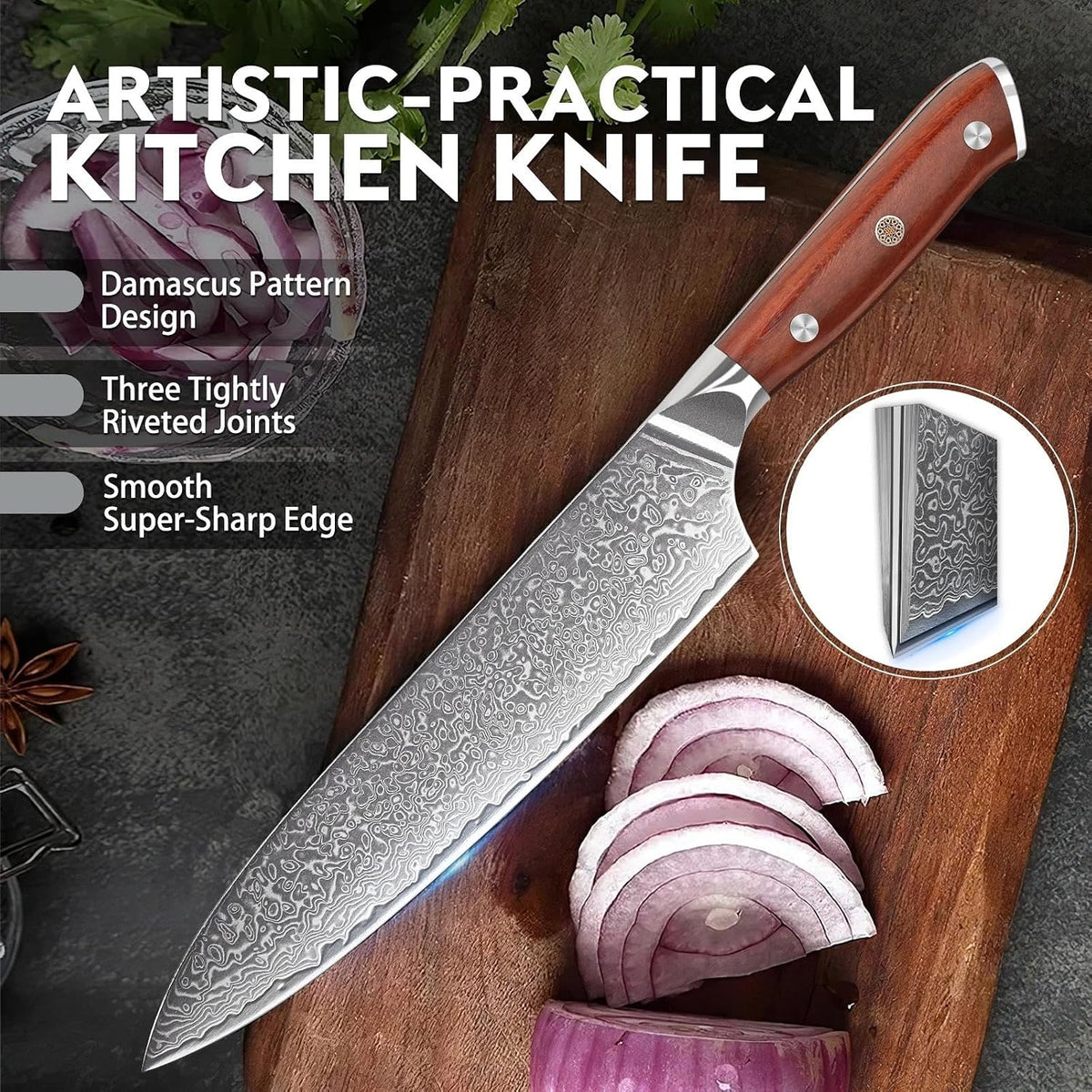 Damascus Knife Set - 3 PCS Kitchen Knife Set | Chef Knives 8 Inch, Santoku 7 Inch , Paring Knives 5 Inch, VG10 Steel Blade, Ergonomic Wooden Handle, Gift Box