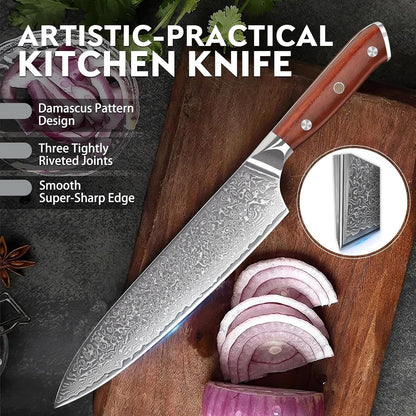 Damascus Knife Set - 3 PCS Kitchen Knife Set | Chef Knives 8 Inch, Santoku 7 Inch , Paring Knives 5 Inch, VG10 Steel Blade, Ergonomic Wooden Handle, Gift Box