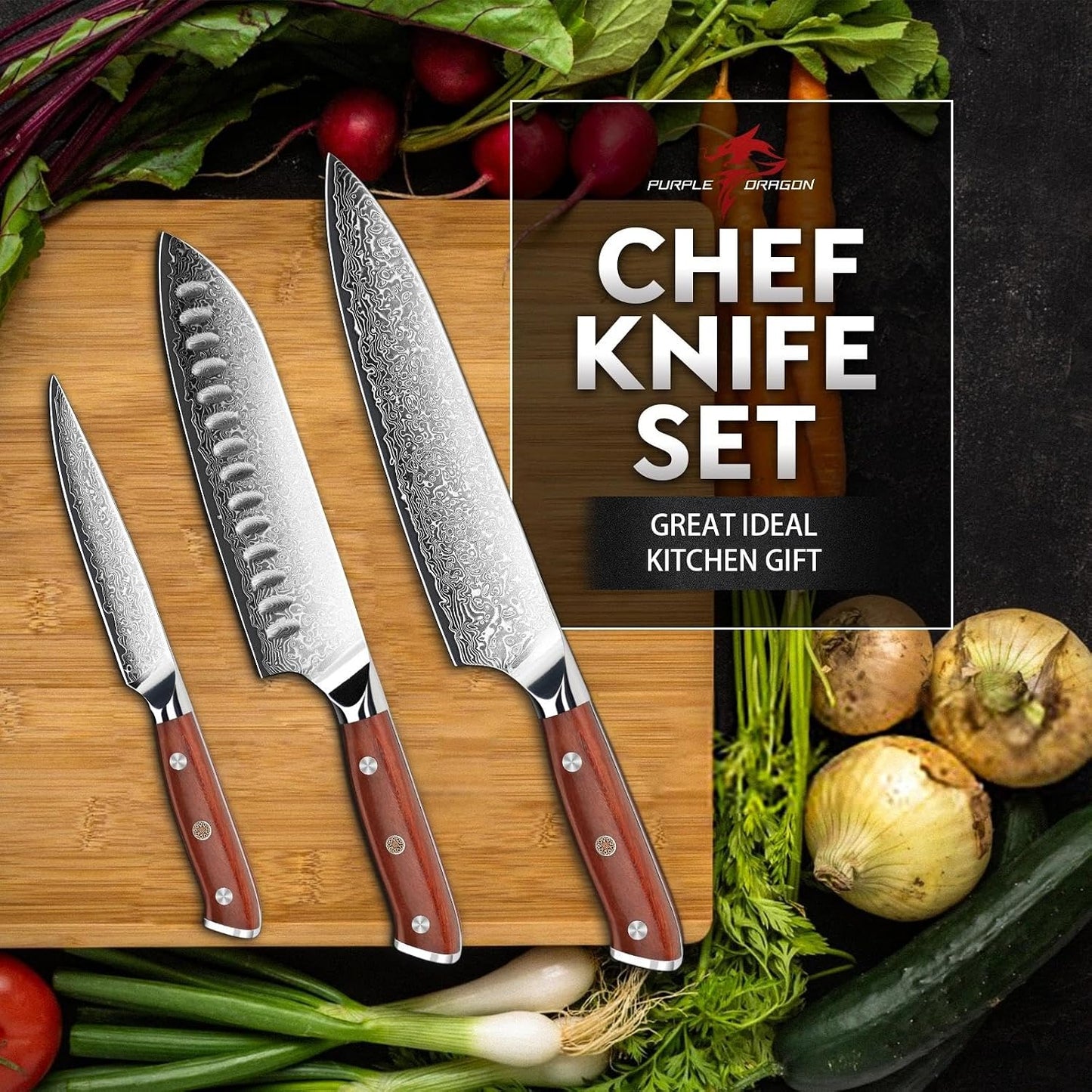 Damascus Knife Set - 3 PCS Kitchen Knife Set | Chef Knives 8 Inch, Santoku 7 Inch , Paring Knives 5 Inch, VG10 Steel Blade, Ergonomic Wooden Handle, Gift Box