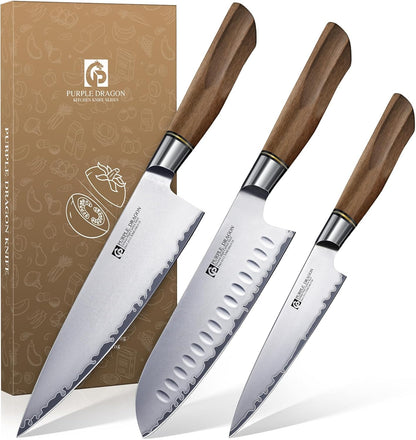 Damascus Knife Set - 3 PCS Kitchen Knife Set | Chef Knives 8 Inch, Santoku 7 Inch , Paring Knives 5 Inch, VG10 Steel Blade, Ergonomic Wooden Handle, Gift Box