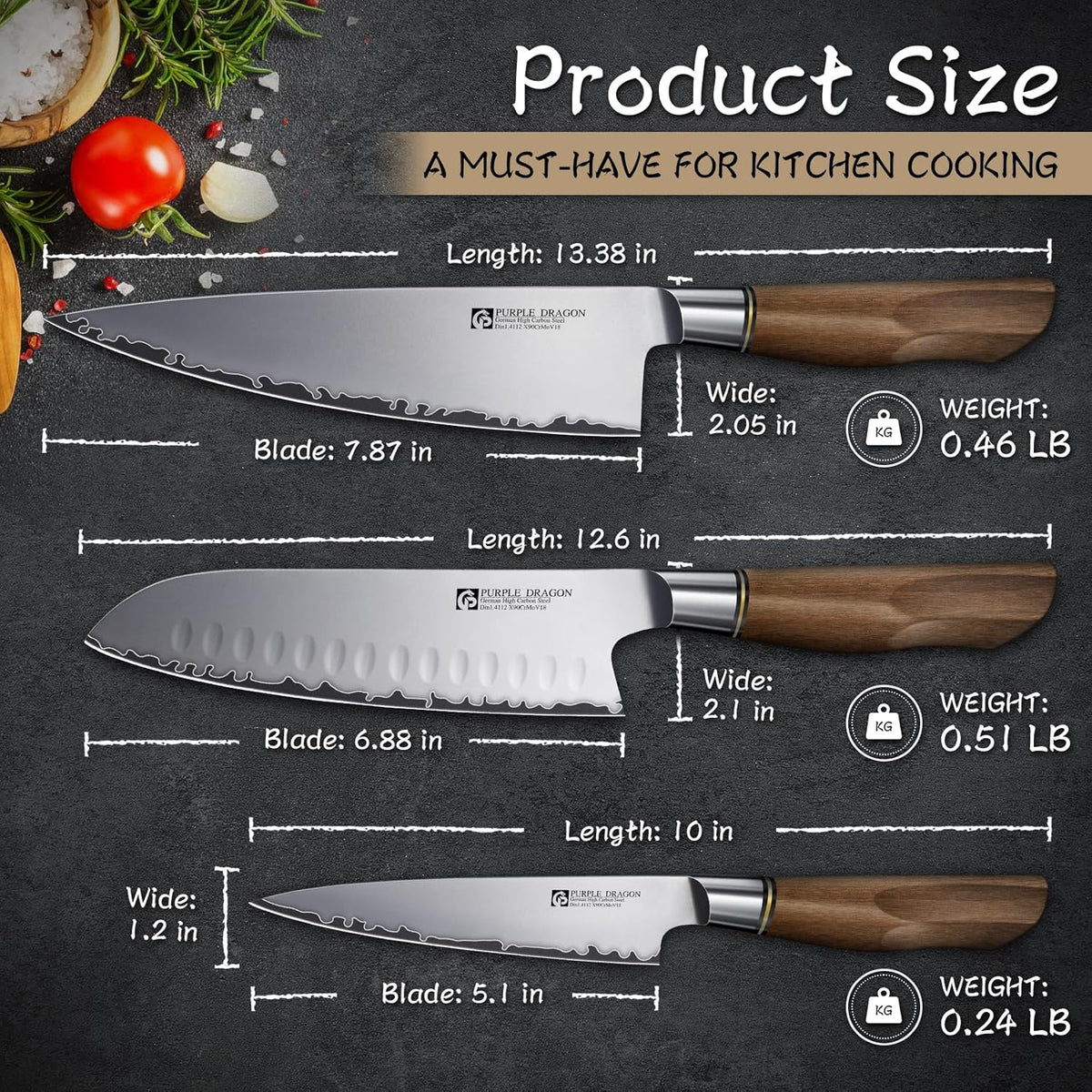 Damascus Knife Set - 3 PCS Kitchen Knife Set | Chef Knives 8 Inch, Santoku 7 Inch , Paring Knives 5 Inch, VG10 Steel Blade, Ergonomic Wooden Handle, Gift Box