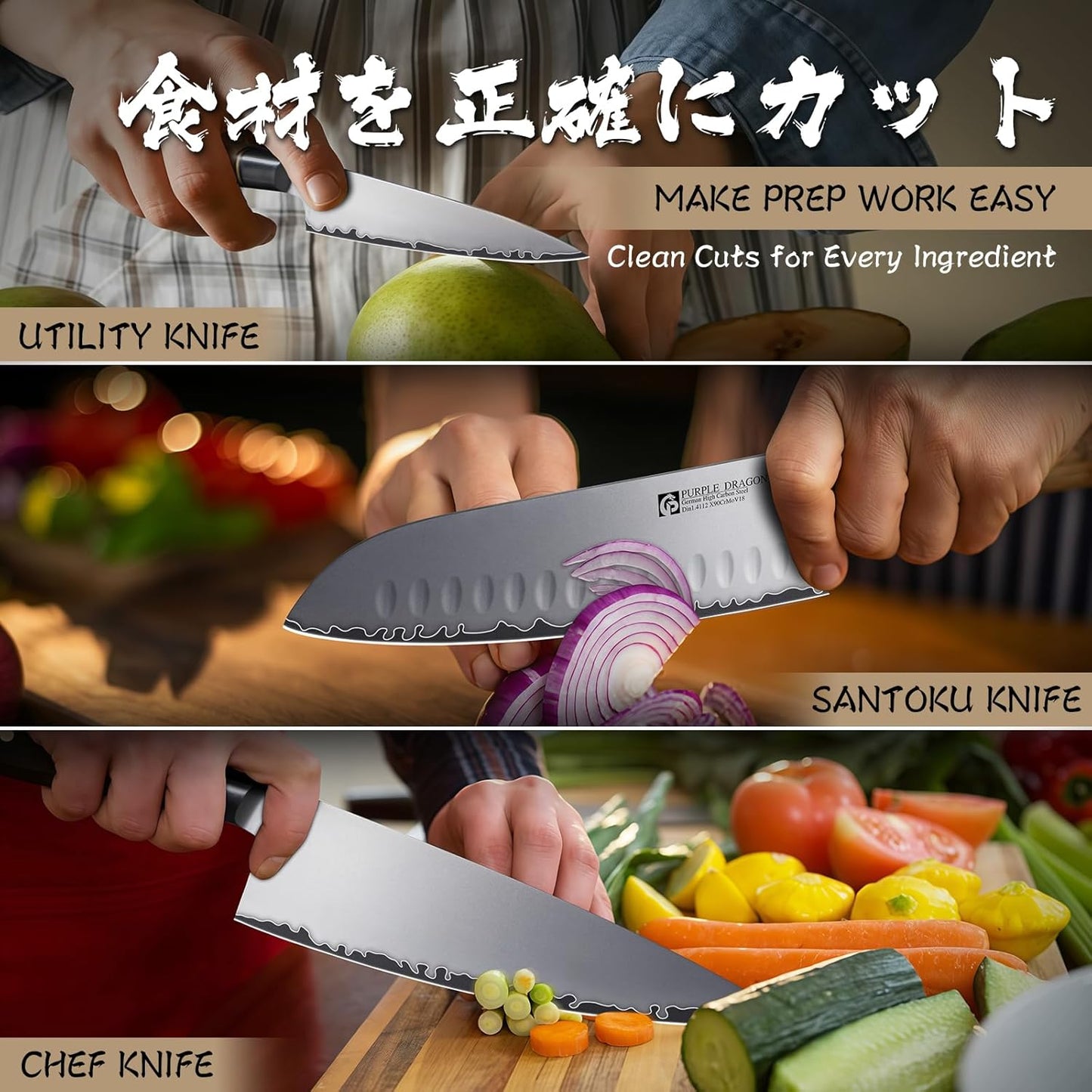 Damascus Knife Set - 3 PCS Kitchen Knife Set | Chef Knives 8 Inch, Santoku 7 Inch , Paring Knives 5 Inch, VG10 Steel Blade, Ergonomic Wooden Handle, Gift Box