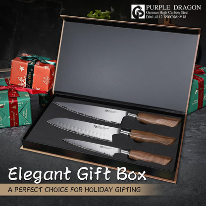 Damascus Knife Set - 3 PCS Kitchen Knife Set | Chef Knives 8 Inch, Santoku 7 Inch , Paring Knives 5 Inch, VG10 Steel Blade, Ergonomic Wooden Handle, Gift Box