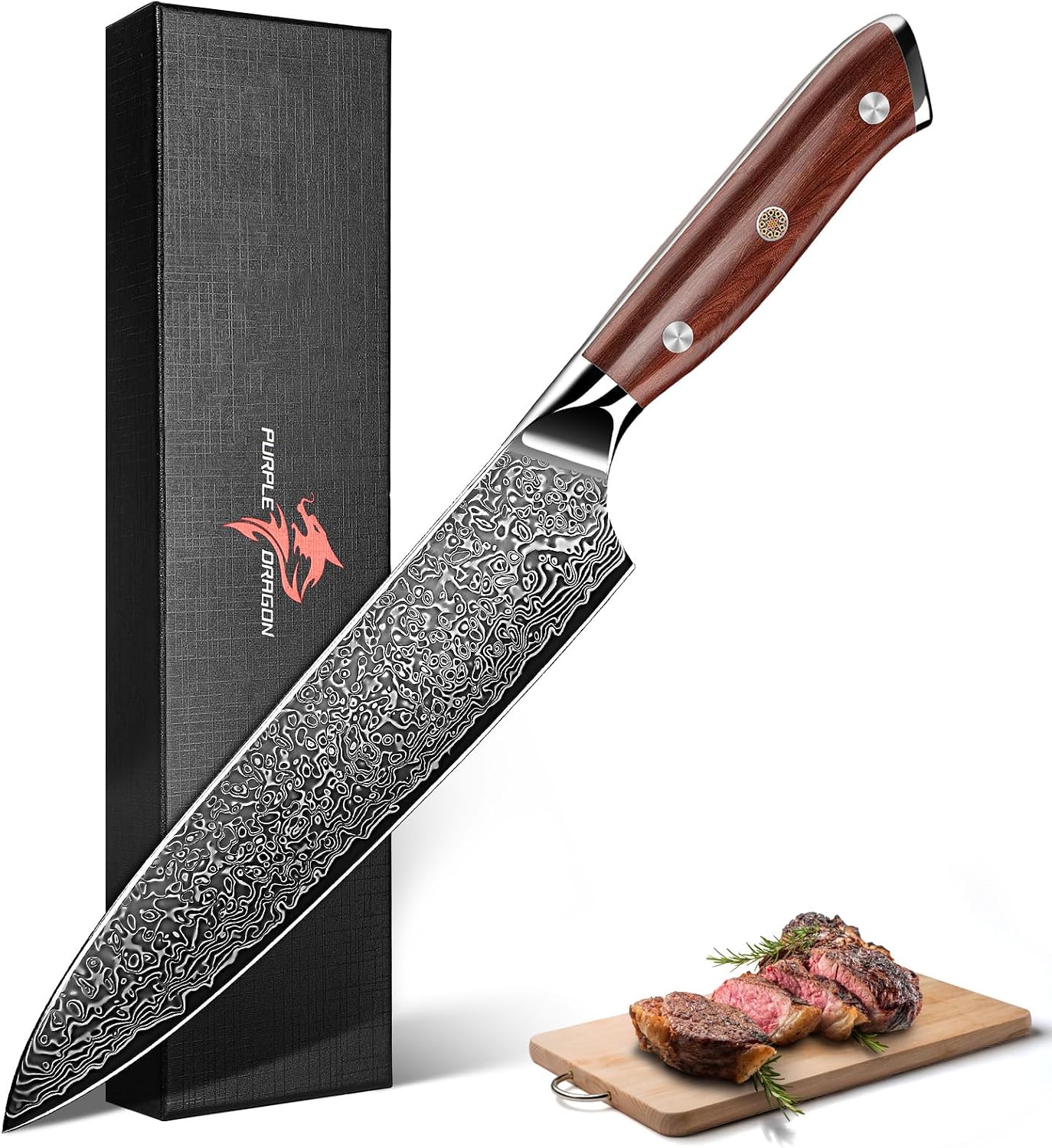 Damascus Knife Set - 3 PCS Kitchen Knife Set | Chef Knives 8 Inch, Santoku 7 Inch , Paring Knives 5 Inch, VG10 Steel Blade, Ergonomic Wooden Handle, Gift Box