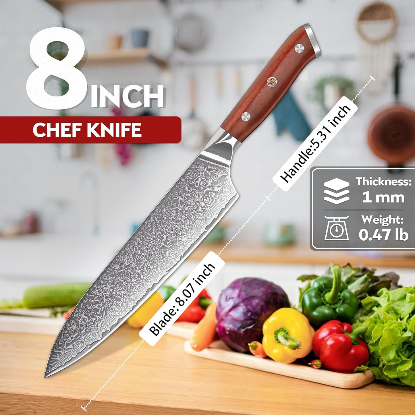 Damascus Knife Set - 3 PCS Kitchen Knife Set | Chef Knives 8 Inch, Santoku 7 Inch , Paring Knives 5 Inch, VG10 Steel Blade, Ergonomic Wooden Handle, Gift Box