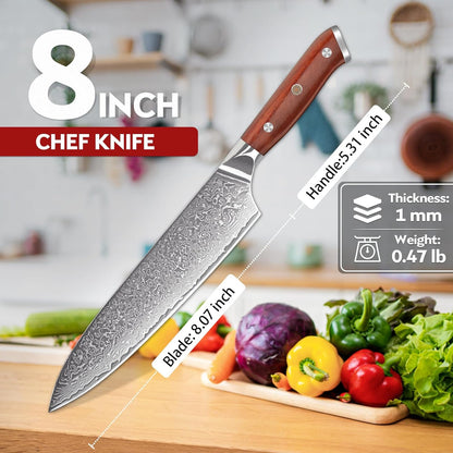 Damascus Knife Set - 3 PCS Kitchen Knife Set | Chef Knives 8 Inch, Santoku 7 Inch , Paring Knives 5 Inch, VG10 Steel Blade, Ergonomic Wooden Handle, Gift Box
