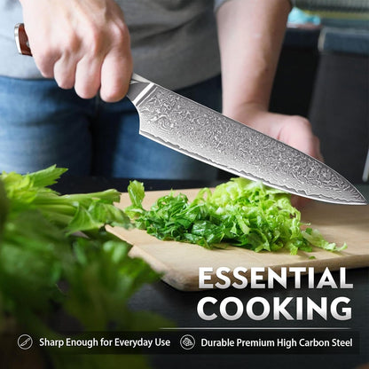 Damascus Knife Set - 3 PCS Kitchen Knife Set | Chef Knives 8 Inch, Santoku 7 Inch , Paring Knives 5 Inch, VG10 Steel Blade, Ergonomic Wooden Handle, Gift Box