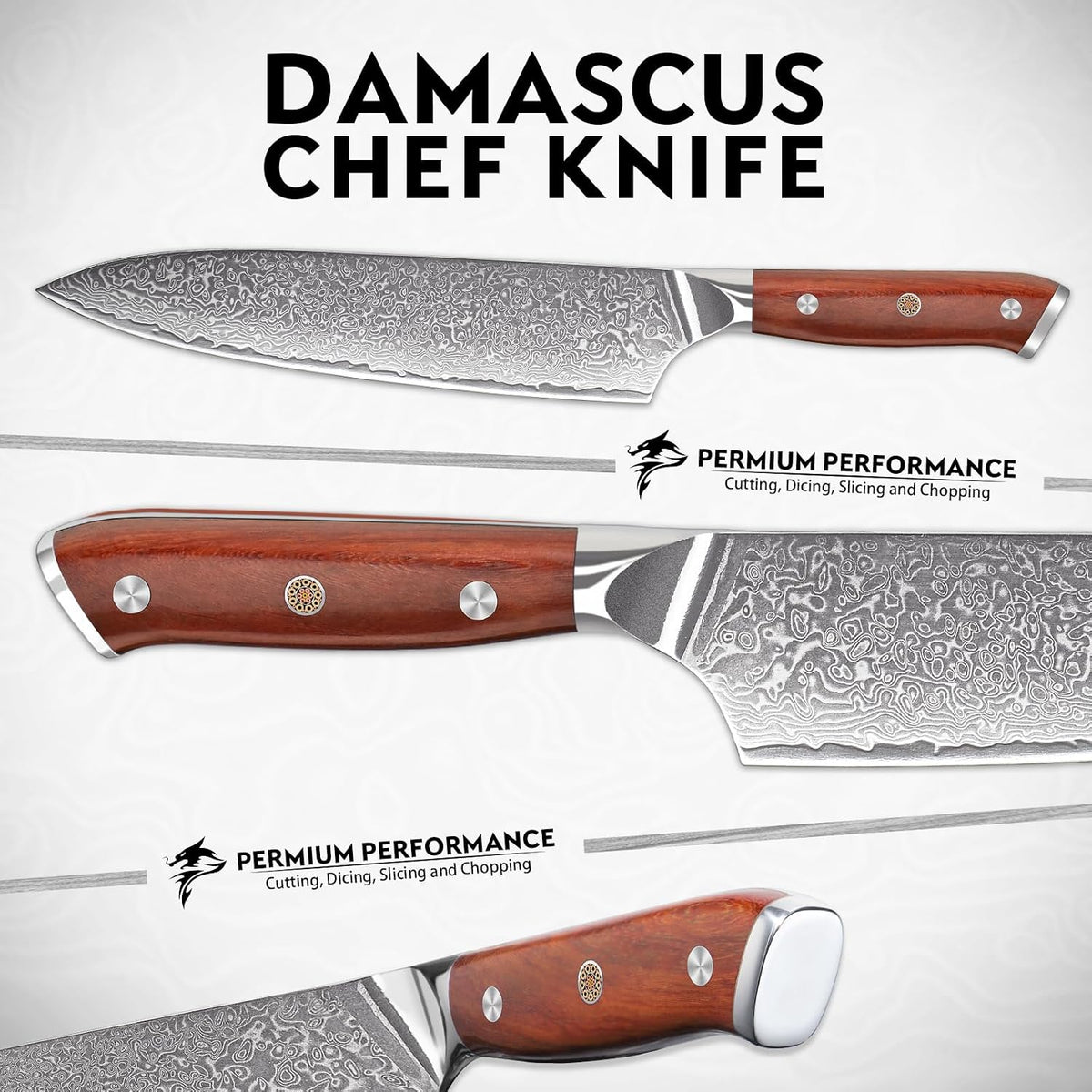Damascus Knife Set - 3 PCS Kitchen Knife Set | Chef Knives 8 Inch, Santoku 7 Inch , Paring Knives 5 Inch, VG10 Steel Blade, Ergonomic Wooden Handle, Gift Box