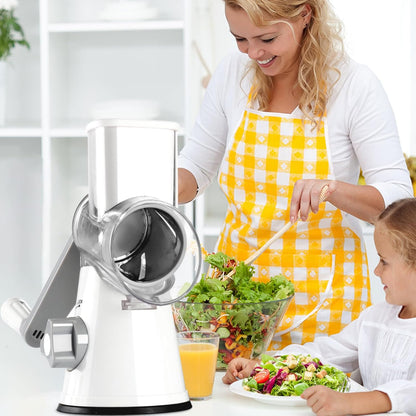 Rotary Cheese Grater Hand Crank, Kitchen Shredder Speed Mandolin Slicer Nuts Grinder with Handle and Drum Blades for Cheese, Vegetable, Walnuts, Chocolate, Potato, Carrot, 3 Blades, White
