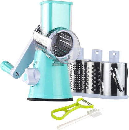 Rotary Cheese Grater Hand Crank, Kitchen Shredder Speed Mandolin Slicer Nuts Grinder with Handle and Drum Blades for Cheese, Vegetable, Walnuts, Chocolate, Potato, Carrot, 3 Blades, White