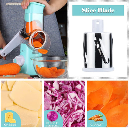 Rotary Cheese Grater Hand Crank, Kitchen Shredder Speed Mandolin Slicer Nuts Grinder with Handle and Drum Blades for Cheese, Vegetable, Walnuts, Chocolate, Potato, Carrot, 3 Blades, White